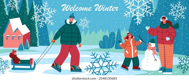 
Horizontal winter banner in blue colors. Welcome winter. Dad takes the child on sled. Child is building snowman with his mother. Landscape with house. Family vacation. Festive Christmas card. Vector