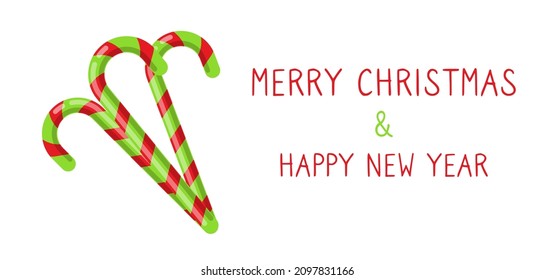 Horizontal winter banner with Happy New Year and Merry Christmas, lettering, text on white isolated background with candy cane. For retail and online stores, site header, cards. Vector illustration
