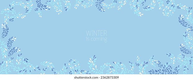 Horizontal winter border with copy space. Vector hand drawn blue branches. Frame with natural ornament. Suitable for email header, social media post, advertising, event and page cover, banner