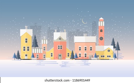 Horizontal winter cityscape with town in snowfall. Landscape with night city street, beautiful old buildings, towers and fir trees covered with snow. Colorful vector illustration in flat style.