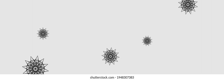 Horizontal Winter Holiday Print Black Sky Background. Night Stars Silver Christmas Snow Ornament. New Year Snowflakes Grey New Year Composition. Santa Chaotic Ornamental Dark Mandala Design Pic.