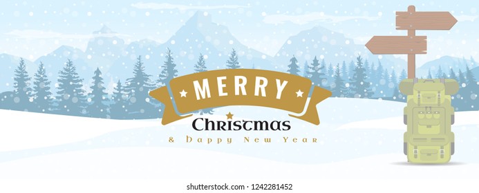 Horizontal Winter Landscape. Happy New year symbol or label with landscape background. Flat and solid color vector Illustration.