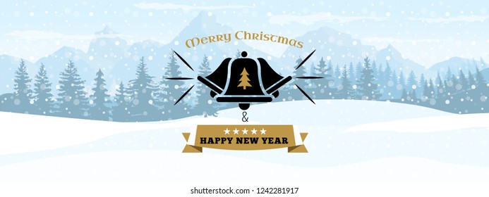 Horizontal Winter Landscape. Happy New year symbol or label with landscape background. Flat and solid color vector Illustration.
