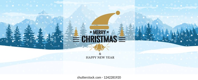 Horizontal Winter Landscape. Happy New year symbol or label with landscape background. Flat and solid color vector Illustration.