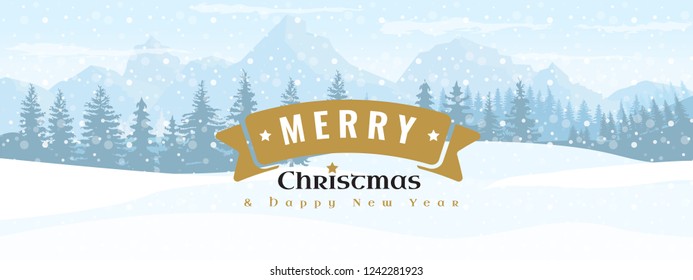 Horizontal Winter Landscape. Happy New year symbol or label with landscape background. Flat and solid color vector Illustration.