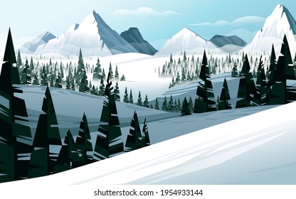 Horizontal winter mountain landscape with fir forest and show mountains covered snow vector illustration