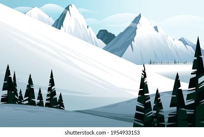 Horizontal winter mountain landscape with fir forest and show mountains covered snow vector illustration