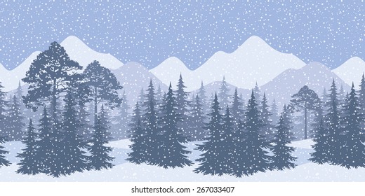 Horizontal Winter Mountain Landscape with Spruce Trees and Snow, Silhouettes. Eps10, Contains Transparencies. Vector
