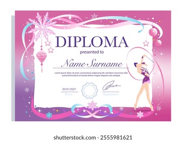 A horizontal winter rhythmic gymnastics diploma with a pink-purple gradient, festive ribbons, stars, snowflakes, and a gymnast performing