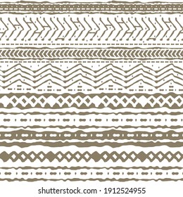 Horizontal winter Seamless abstract repeat border pattern. Random rough, twisted part of beige triangles or broken lines, zigzags, circles or big dots shapes. Hand drawn effect on white background