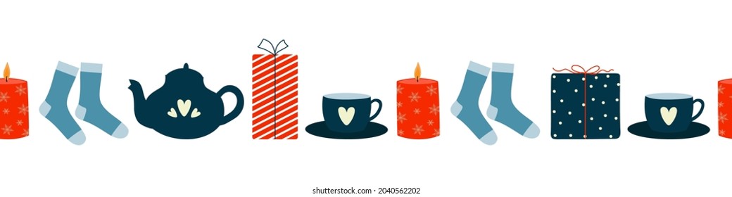 Horizontaler Winter nahtlose Grenze. Kerze, Geschenke, Socken, Tasse und Teekanne. Hyge Winter Muster Grenzdesign. Doodle-Stil. Einzelne Vektorgrafik 