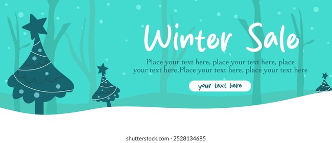 Horizontal Winter season christmas illustration template with tree and snow element on green background good for banner, poster, greeting card, sale or advertisement, social media, cover and flyer