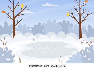 Horizontal winter, snowy landscape. Bare trees, snow-covered bushes, frozen lake, snowdrifts. Color vector illustration. Nature background with empty space for text.