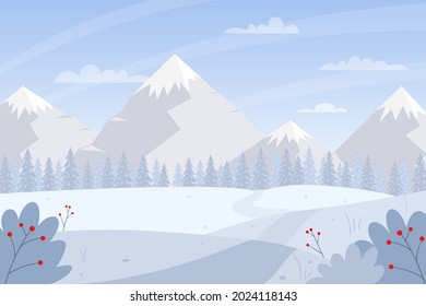 Invierno horizontal, paisaje nevado. Montañas, senderos de nieve, nevadas, abetos, matorrales cubiertos de nieve. Ilustración del vector de color. Fondo natural con espacio vacío para el texto.