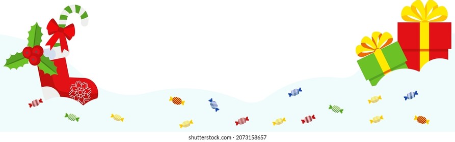 Horizontal winter snowy landscape. Santa Claus boot, gift boxes. Background for postcards for Christmas and New Year. Vector illustration.