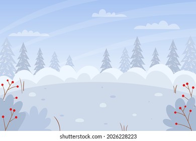 Horizontal winter, snowy landscape. Snowdrifts, bushes, fir trees in the snow, snow-covered bushes. Color vector illustration. Nature background with empty space for text.