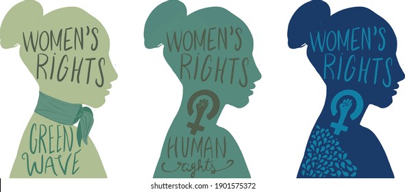 Horizontal Women's Right, Human Right's - Wave Green lettering card with Silhouettes of three women standing together. Women's friendship. Vector concept of the female's empowerment movement.