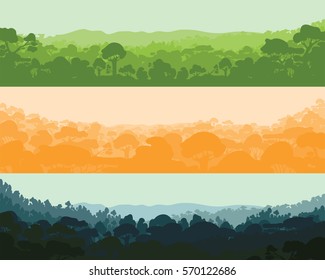Horizontal wood afternoon, evening and night. Landscape, trees, tropics Silhouettes Vector illustration