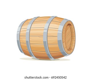 Horizontal Wooden barrel for wine or beer. Container beverage. Vintage oak Cask. Isolated white background. Vector illustration.