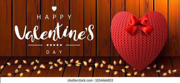 A horizontal wooden board pattern. Background with garlands and a knitted red heart, bow. Festive Inscription Lettering "Happy Valentine's Day". Vector.