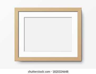 Horizontal wooden frame with passepartout hanging on a white wall. Blank elegant frame template. Picture frame vector mockup.