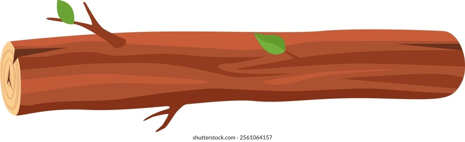 Horizontal wooden log with small twigs and leaves showing wood grain, isolated on white background, ideal for woodworking, forestry, or nature related projects