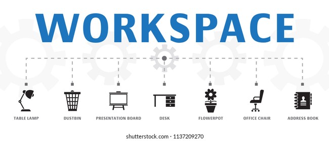 horizontal Workspace banner concept template with simple icons. Contains such icons as Table lamp, Dustbin, Presentation board and more