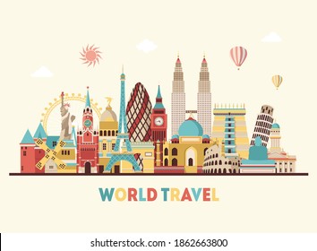 Horizontal world travel skyline illustration with main architectural landmarks. World traveling concept. Travel and tourism background