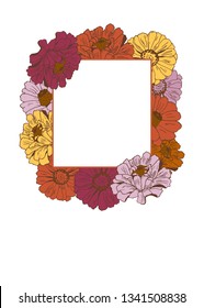 Horizontal wreath, frame with flowers (gerbera, calendula, sunflower, daisy). Hello summer. Floral background for Invitation, Save the date, Women`s, Valentine`s, Mother`s day card on orange.