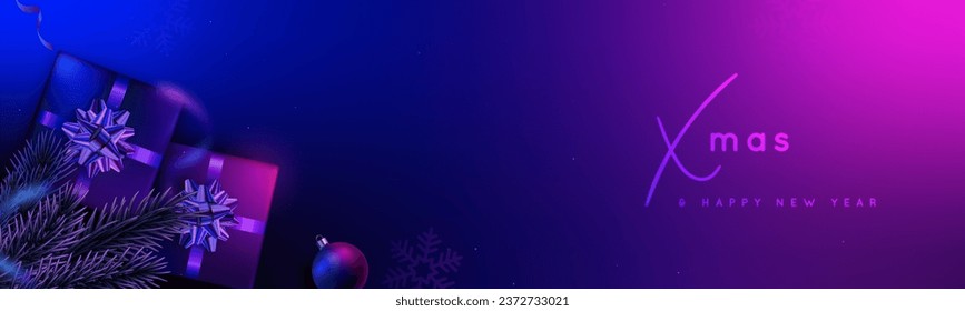Horizontal Xmas banner with realistic Pine branches and gifts. Gift boxes reflect neon glow. Neon background.