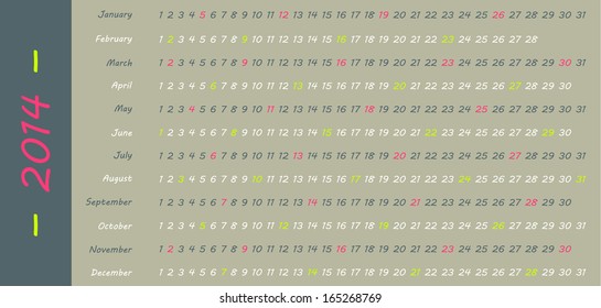 Horizontal year calendar for 2014 with highlighted Sundays