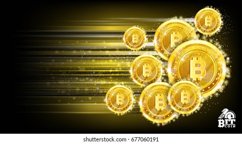 Horizontal yellow background with bit coins flying with speed of light and motion track back for it svg