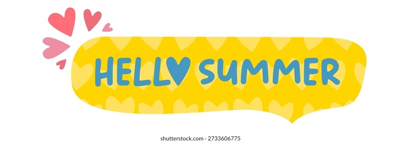 horizontal yellow banner with "Hello Summer" text and heart decorations. Featuring stitched edges and a subtle heart pattern, these template perfect for summer holidays, shop discounts, or blog headers isolated on white