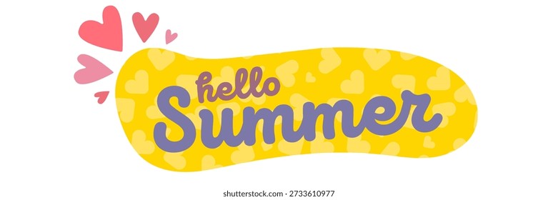 Horizontal Anuncio amarillo con texto "Hola Verano" y decoraciones de corazón. Con bordes cosidos y un sutil patrón de corazón, estas Plantillas son perfectas para vacaciones de verano, descuentos en tiendas o encabezados de blog aislados en blanco