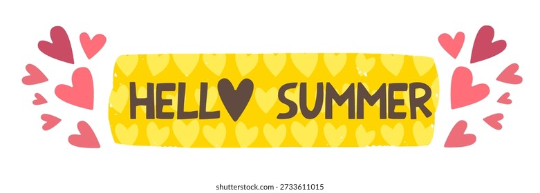 horizontal yellow banner with "Hello Summer" text and heart decorations. Featuring stitched edges and a subtle heart pattern, these template perfect for summer holidays, shop discounts, or blog headers isolated on white