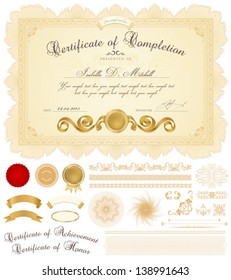Horizontal yellow Certificate of completion (template) with guilloche pattern (watermarks), borders, medal, design elements. Background for diploma, invitation, gift voucher, official, awards. Vector
