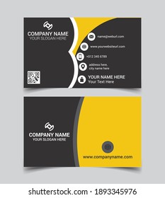 Horizontal yellow and deep grey color business card vector template, simple clean layout design template