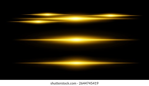 Horizontal yellow flare beams in stacked layout on dark background with smooth gradients and glow effect. Sci-fi or HUD visual element.