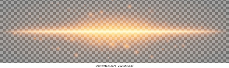 Horizontal yellow, golden light effect isolated on transparent background. Bright glowing beam with lens flare and soft glow. Graphical patch of reflected light. Abstract rays. Vector illustration.