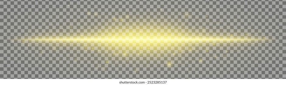 Horizontal yellow light effect isolated on transparent background. Bright glowing beam with sparkles and lens flare. Graphical patch of reflected light. Abstract rays. Vector illustration.