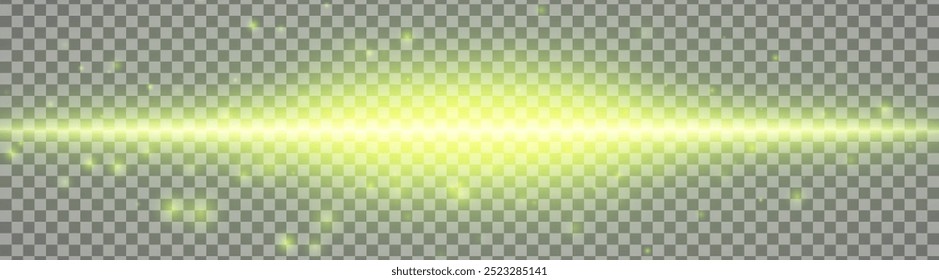 Horizontal yellow light effect isolated on transparent background. Bright glowing beam with sparkles and lens flare. Graphical patch of reflected light. Abstract rays. Vector illustration.