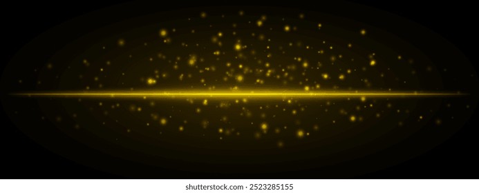 Horizontal yellow light effect isolated on dark background. Neon stripe with bright glowing lines and sparkling particles. Abstract rays. Vector illustration.