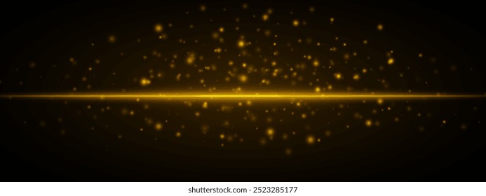 Horizontal yellow light effect isolated on dark background. Neon stripe with bright glowing lines and sparkling particles. Abstract rays. Vector illustration.