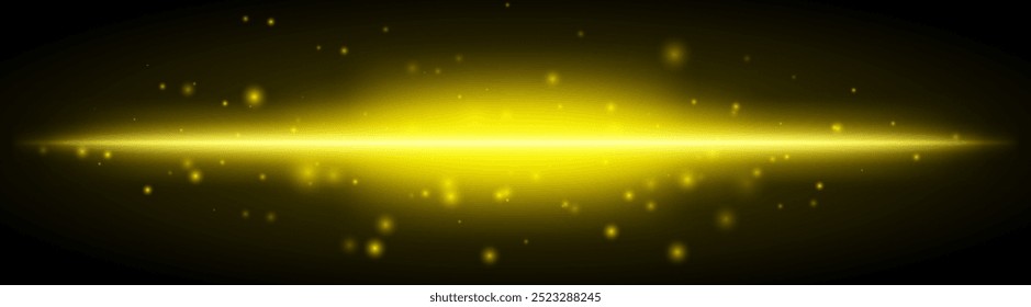 Horizontal yellow light effect isolated on dark background. Bright glowing beam with sparkles and lens flare. Graphical patch of reflected light. Abstract rays. Vector illustration.