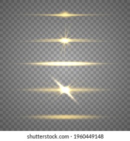 Horizontal yellow rays, laser beams, beautiful light flare. Bright rays of light isolated on transparent background. Glowing lines. Flares and highlights are golden. Vector illustration, eps 10.