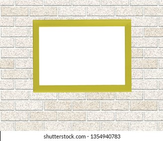 Horizontal yellow wooden frame for picture hanging on light brick wall. Mock up design. Copy space. Realistic vector illustration