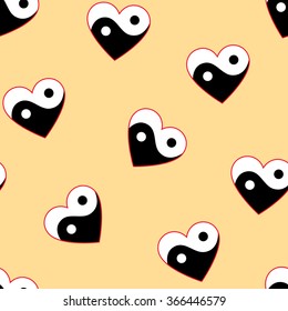 Horizontal yin yang hearts on beige background seamless pattern
