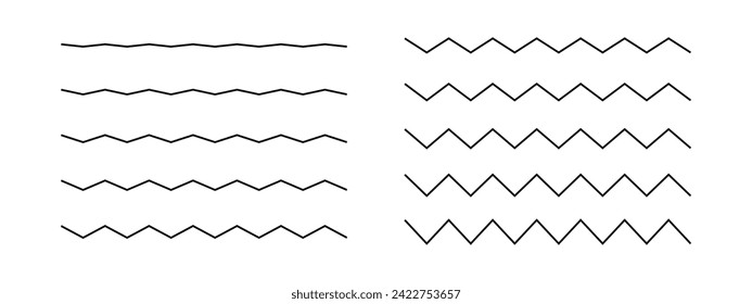 Horizontal zigzag lines. Jagged borders or dividers. Serrated stripes with different amplitudes of distortion. Water, fluid, air, wind symbols isolated on white background. Vector outline illustration