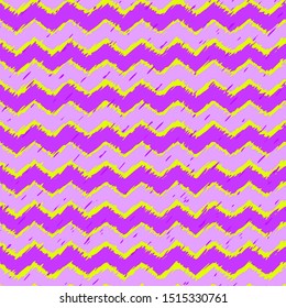 Horizontal zigzag neon fashionable colors yellow and ultraviolet with specks. Seamless vector pattern for textiles, tableware, clothing, web design.