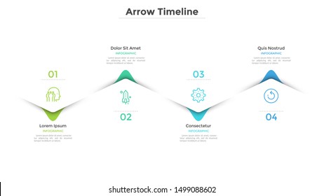 Horizontal zigzag timeline with four colorful staggered arrows or pointers. Concept of 4 milestones of company development. Flat infographic design template. Vector illustration for presentation.